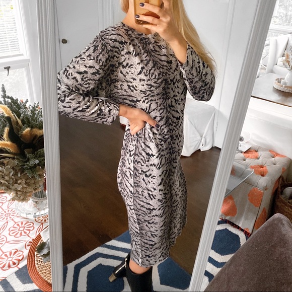 🖤 ZARA BLACK GREY ANIMAL PRINT LONG SLEEVE MIDI DRESS! - Picture 2 of 9